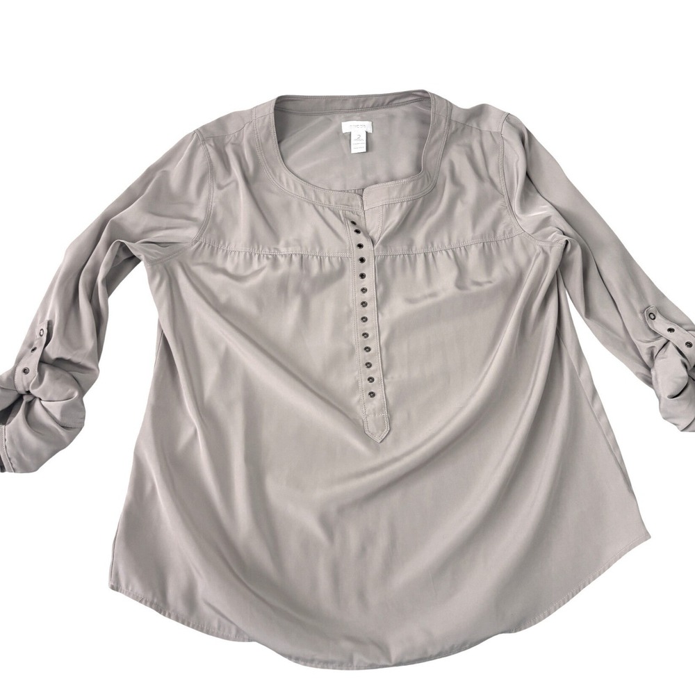 Chico's Blouse Women Size 2‎ top Taupe Excellent Roll Tab Sleeve Henley Grommet